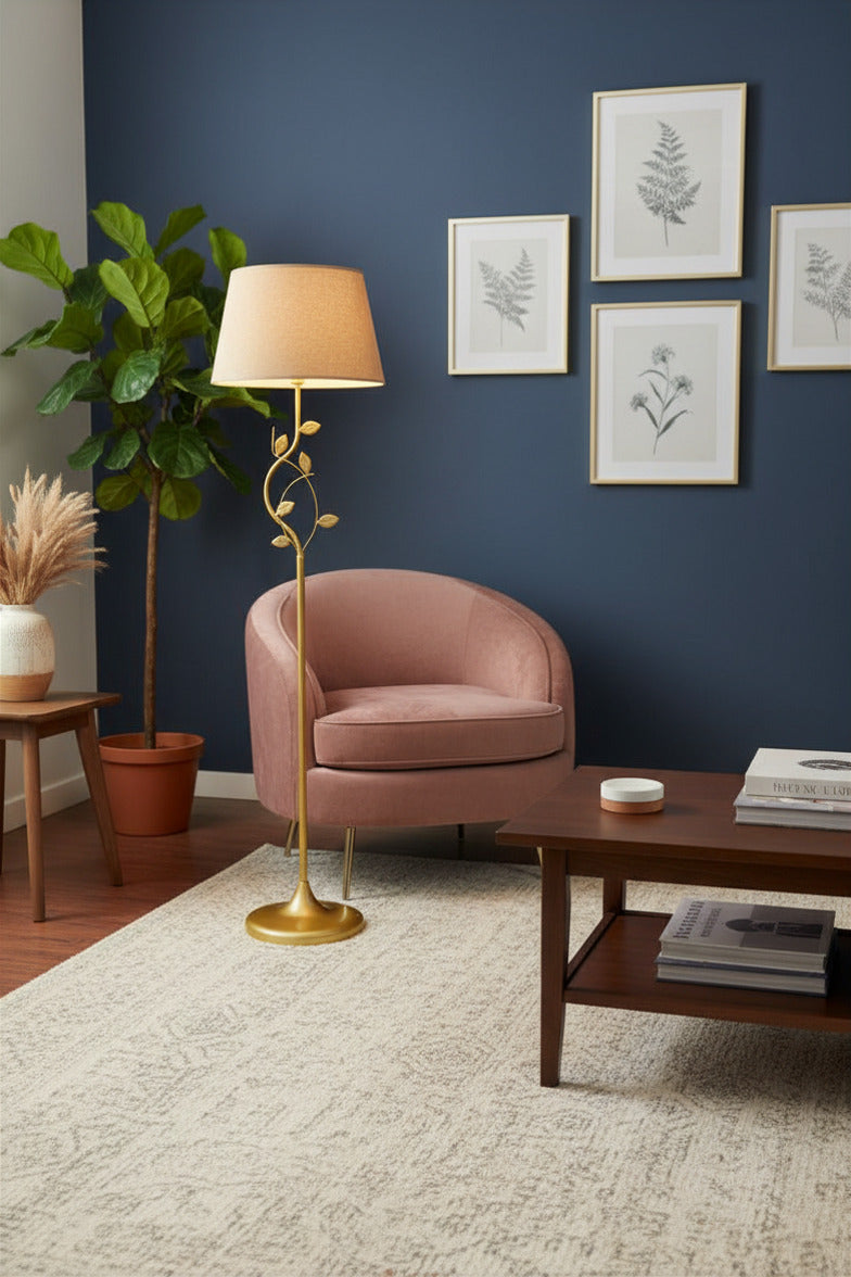Gold iron floor lamp with beige shade
