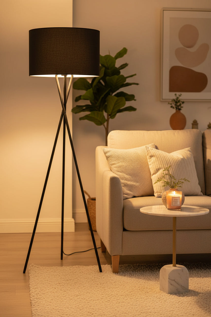 Iron floor lamp with black linen