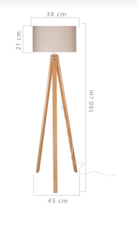 Beige floor lamp, made of brown pine wood and plastic-covered fabric