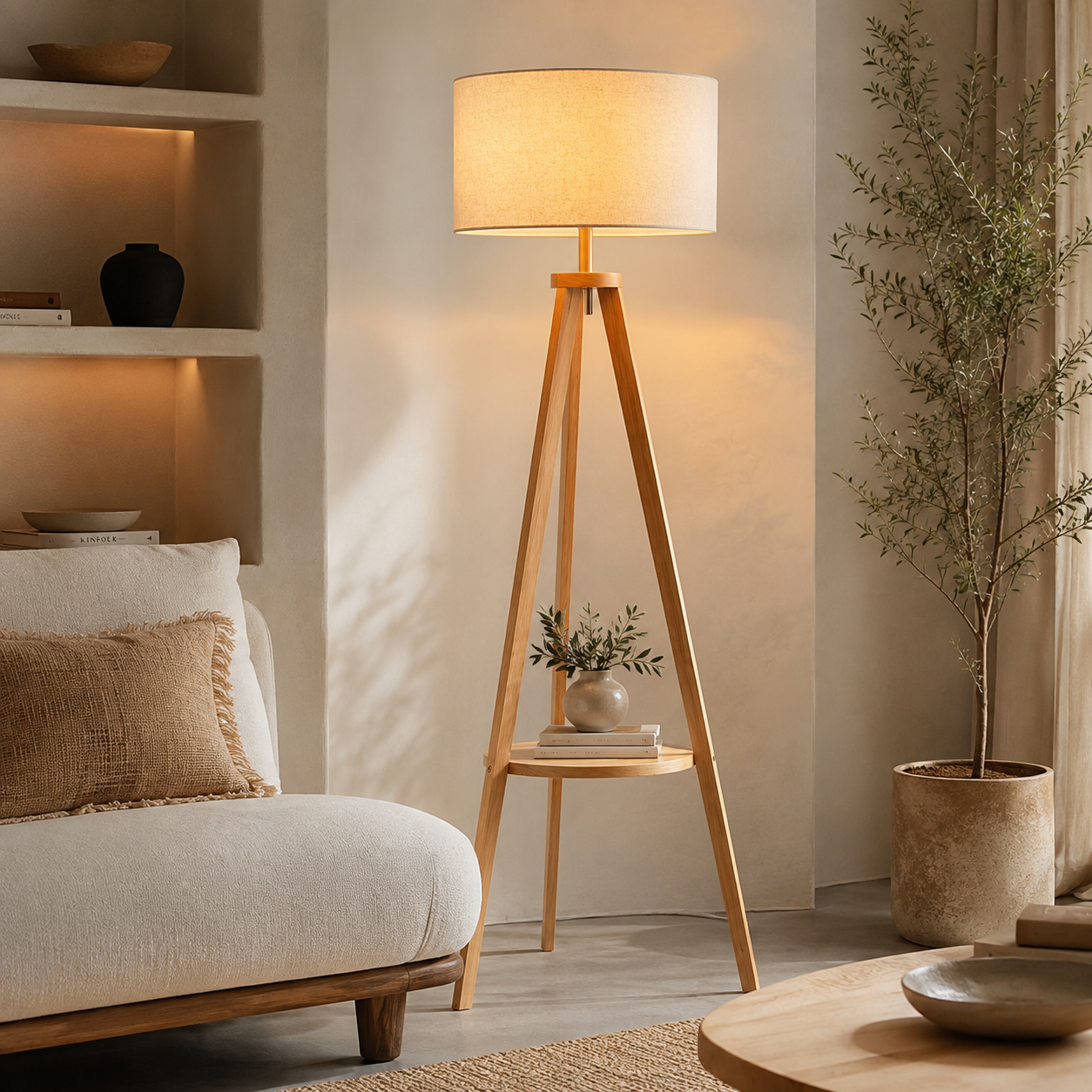 Musky Wood and Plastic Backed Fabric Floor Lamp  Beige
