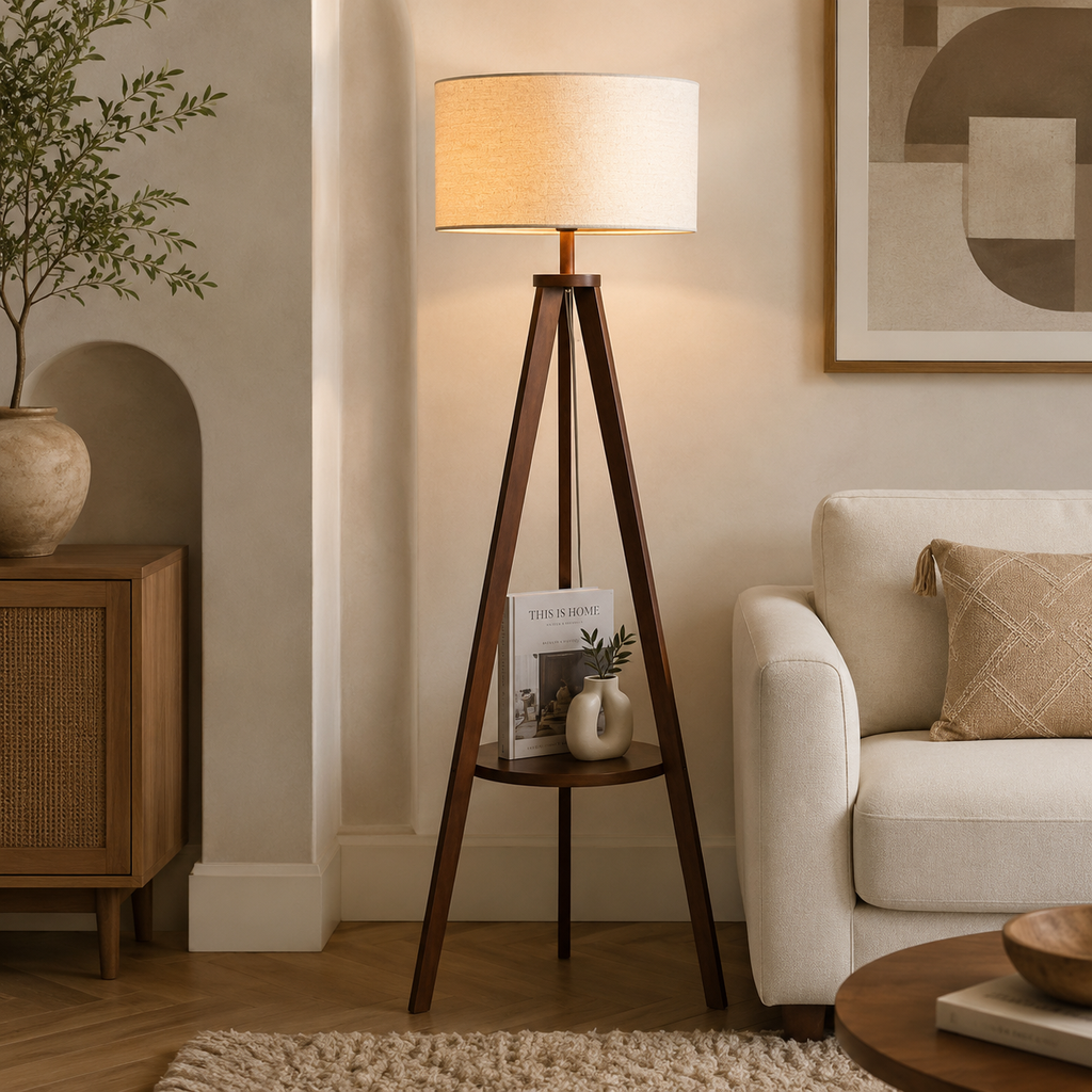 Beige floor lamp, made of brown pine wood and plastic-covered fabric