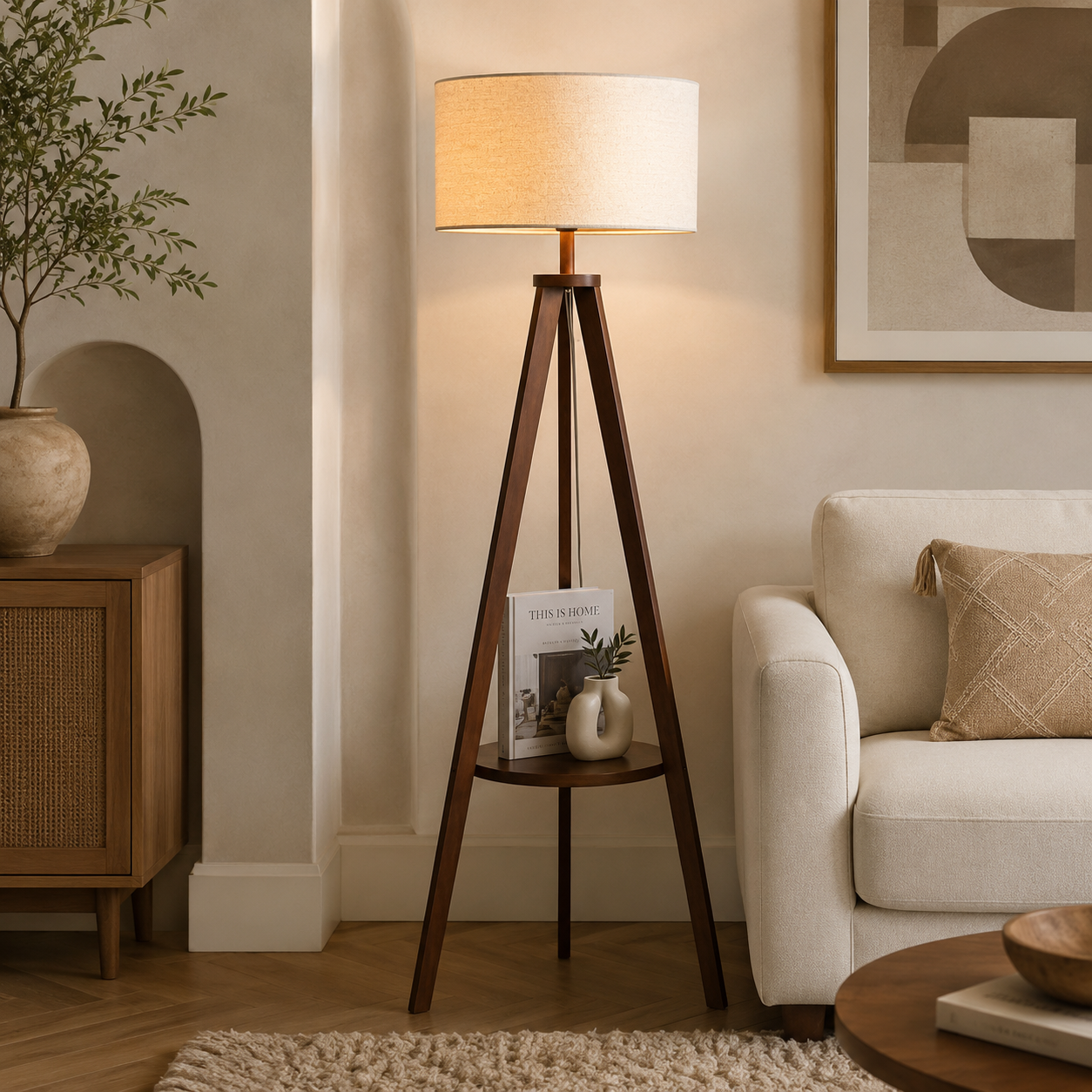 Beige floor lamp, made of brown pine wood and plastic-covered fabric