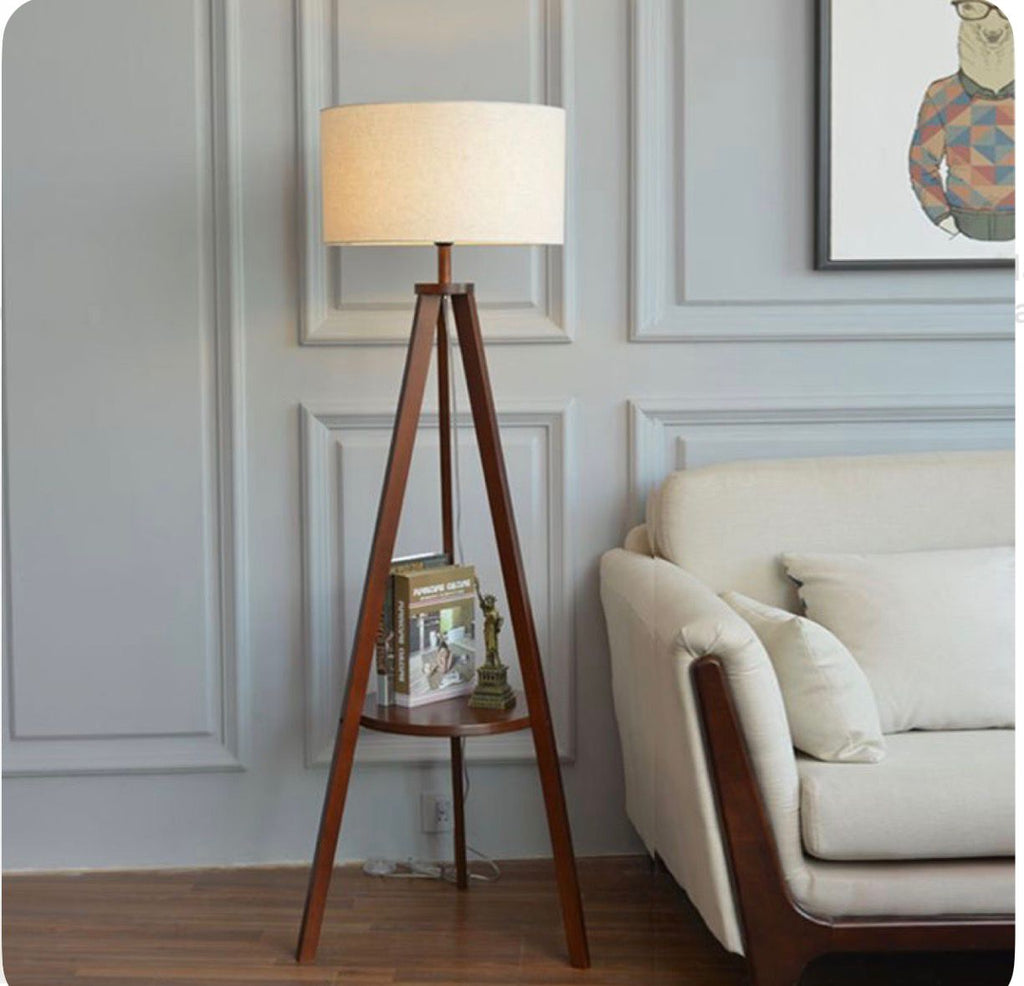 Beige floor lamp, made of brown pine wood and plastic-covered fabric