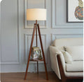 Beige floor lamp, made of brown pine wood and plastic-covered fabric
